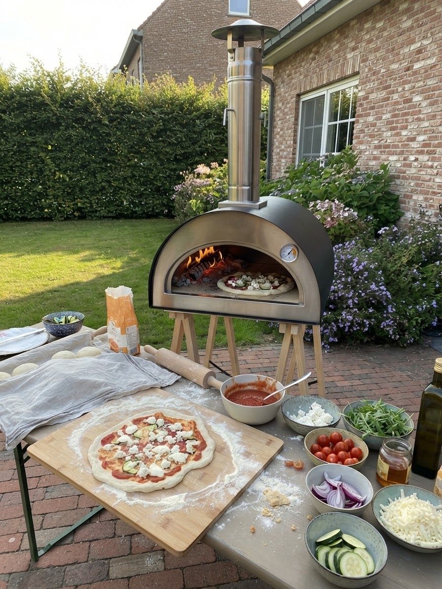 Pizzaoven met groentepizza in een bloementuin